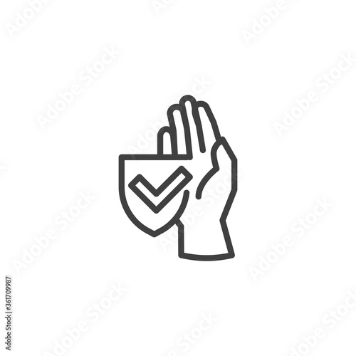 Clean hand protection line icon. linear style sign for mobile concept and web design. Hand and Shield with checkmark outline vector icon. Symbol, logo illustration. Vector graphics