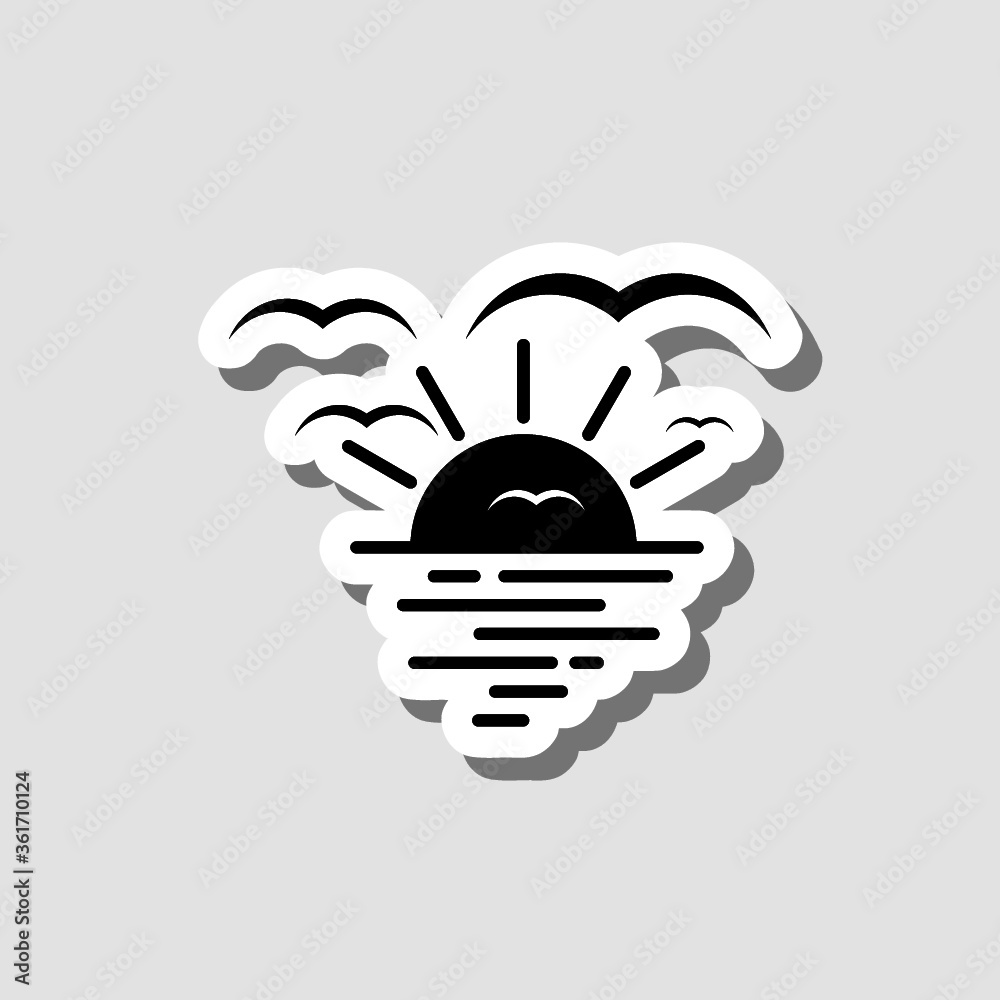 Sunset at sea and bird flying in sky sticker isolated on gray background Sunset at sea and bird flying in sky sticker isolated on gray background