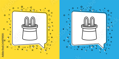 Set line Magician hat and rabbit ears icon isolated on yellow and blue background. Magic trick. Mystery entertainment concept.  Vector Illustration