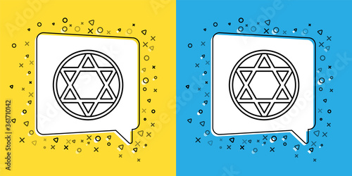 Set line Star of David icon isolated on yellow and blue background. Jewish religion symbol. Symbol of Israel.  Vector Illustration