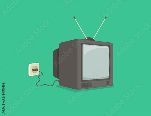 Isolated flat vector illustration of old television. Perspective view.