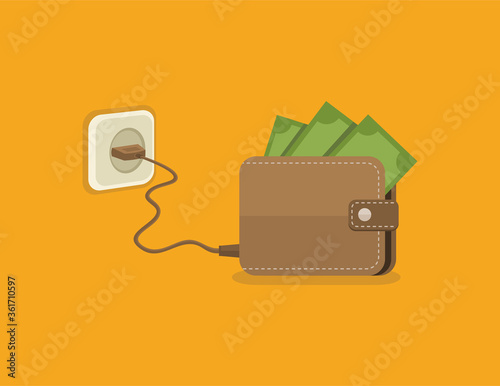 Isolated charging wallet with cash. Flat vector illustration.
