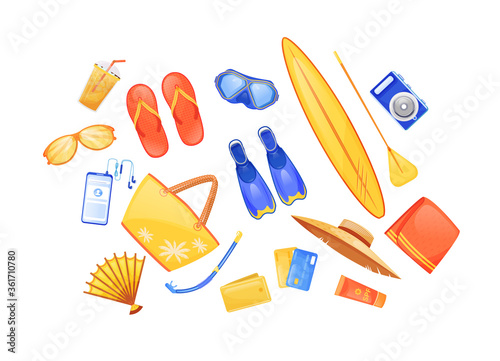Summer beach essentials flat color vector objects set