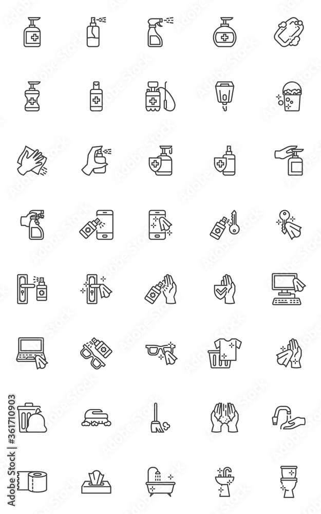Disinfection and cleaning line icons set. Hygiene linear style symbols collection, outline signs pack. vector graphics. Set includes icons as hand sanitizer spray, antibacterial gel, disinfectant