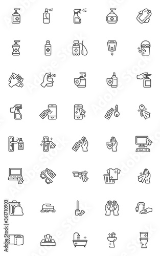 Disinfection and cleaning line icons set. Hygiene linear style symbols collection, outline signs pack. vector graphics. Set includes icons as hand sanitizer spray, antibacterial gel, disinfectant