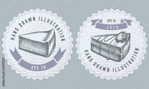 Monochrome labels design with illustration of cheesecake, cake