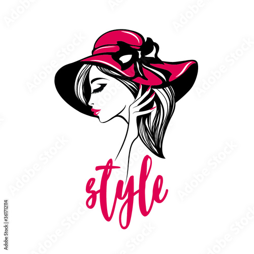Beauty salon, nails art and hair studio logo.Beautiful woman portrait with long, wavy hairstyle, elegant makeup and manicure.Fashion icon.Long eyelashes and red lipstick.Stylish sun hat.