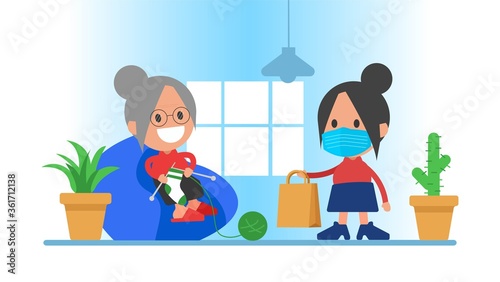 Caring for elderly pensioners during quarantine. Buying and delivering food to the elderly. Coronavirus epidemic.
