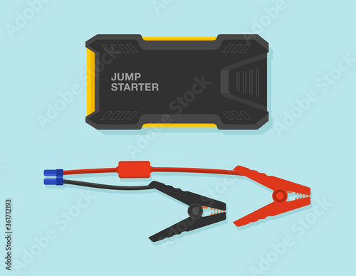 Isolated car jump starter power bank with cable. Flat vector illustration.