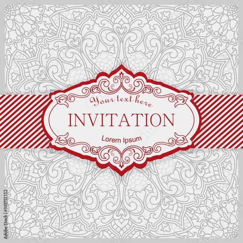 Template greeting card, invitation and advertising banner, brochure with space for text. Vintage Invitation or wedding card with damask pattern and elegant floral elements in grey