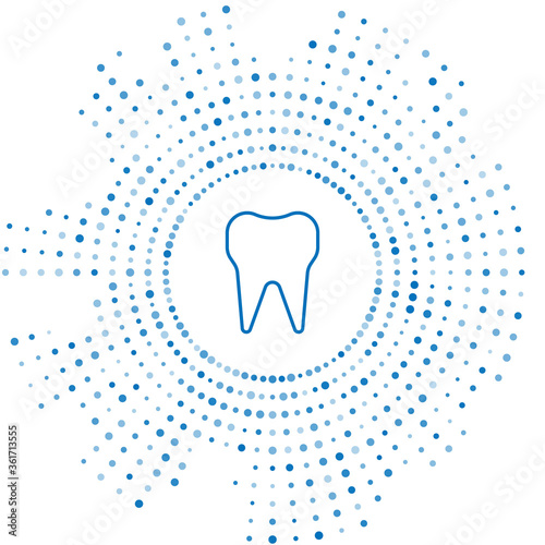 Blue line Tooth icon isolated on white background. Tooth symbol for dentistry clinic or dentist medical center and toothpaste package. Abstract circle random dots. Vector Illustration