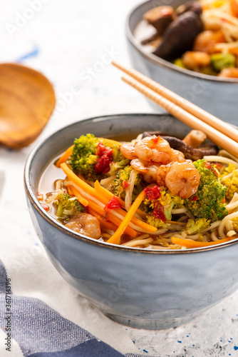 Bowl with Noodles, Prawns and Vegetables. Healthy Diet Soup in Bowl