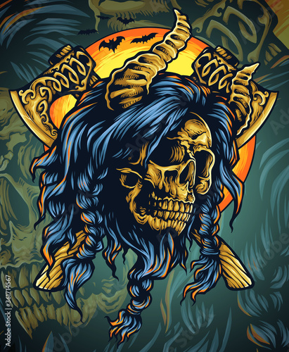 Vector illustration of horned viking warrior skull with axes and sun background