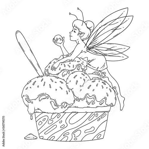 Beautiful fairy lies on balls of ice cream. Outline black and white art. Food art, summer refreshing concept, traditional seasonal cold sweets. Coloring page. Fairytale vector illustration.