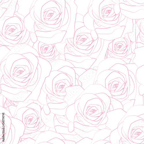 Pink outlined roses seamless repetitive pattern. Vector illustration.