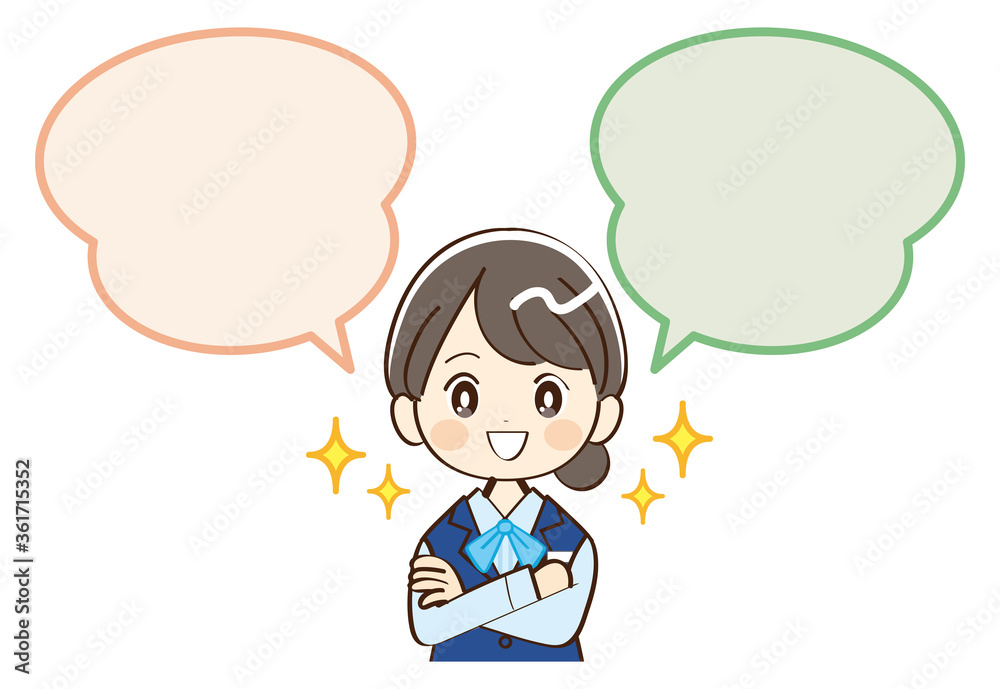 女性、銀行員、吹き出し、笑顔 女性、銀行員、吹き出し、笑顔