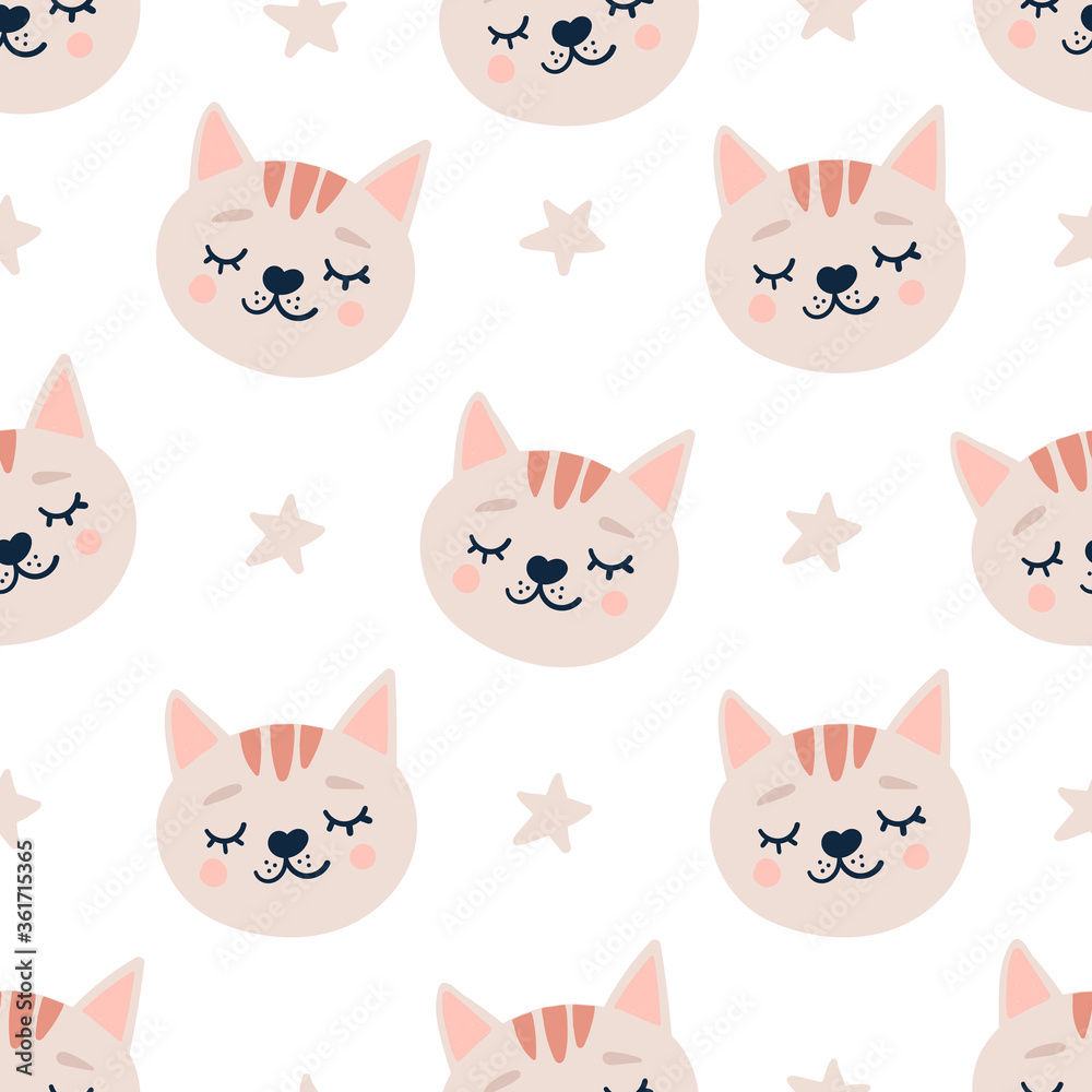 Cute seamless pattern with sleeping cats heads and stars. Hand drawn background with animal for children.