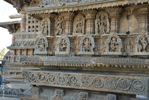 Sculptures and friezes on the walls of The Chennakeshava Temple or Vijayanarayana Temple of Belur, is a 12th-century Hindu temple in the Hassan district of Karnataka state, India. 