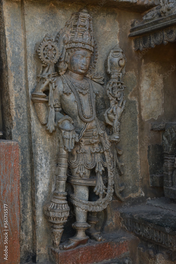 Sculptures and friezes on the walls of The Chennakeshava Temple or Vijayanarayana Temple of Belur, is a 12th-century Hindu temple in the Hassan district of Karnataka state, India. 