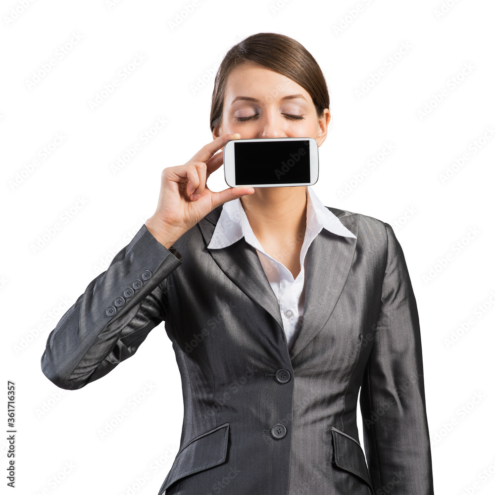 Pretty woman with closed eyes showing mobile phone Pretty woman with closed eyes showing mobile phone