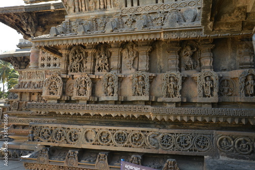 Sculptures and friezes on the walls of The Chennakeshava Temple or Vijayanarayana Temple of Belur, is a 12th-century Hindu temple in the Hassan district of Karnataka state, India. 