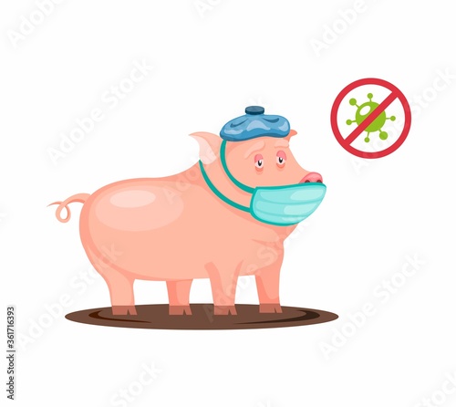 Pig sick got fever and flu wear mask and cool compress symbo. bacteria virus infected on animal pig in cartoon illustration vector
