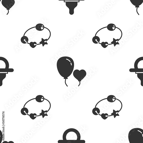 Set Baby dummy pacifier, Balloons in form of heart and Rattle baby toy on seamless pattern. Vector
