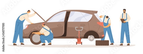 Group of male mechanics working at car repair service vector flat illustration. Professional workman in overalls during maintenance automobile isolated on white. Lifting and checking of vehicle