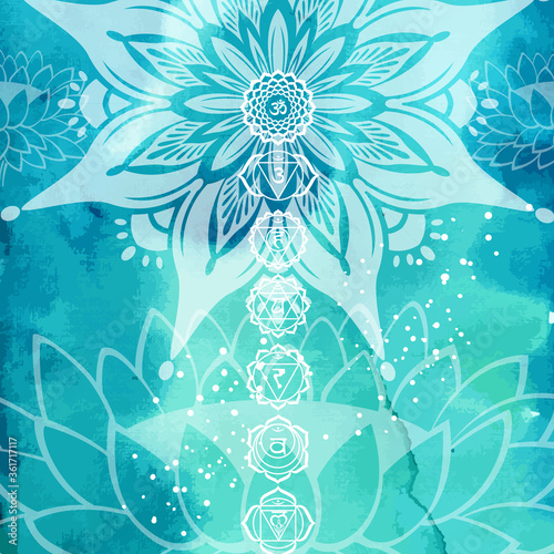Esoteric colorful background with Yoga symbols
