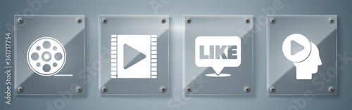 Set Head people with play button, Like in speech bubble, Play Video and Film reel. Square glass panels. Vector