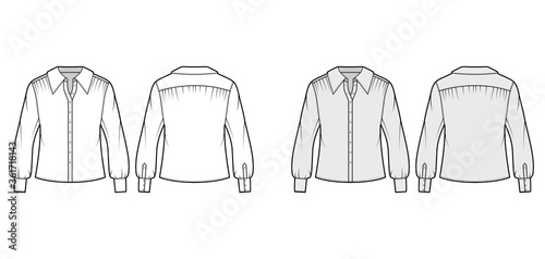 Shirt technical fashion illustration with oversized body, concealed button fastenings along front, ruffles, cropped sleeves. Flat apparel template front, back, white color. Women, men unisex mockup