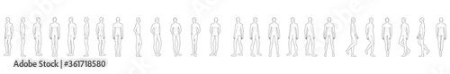 Fashion template of 25 men in different poses. 9 head size for technical drawing. Gentlemen figure front, side, 3-4 and back view. Vector outline boy for fashion sketching and illustration.