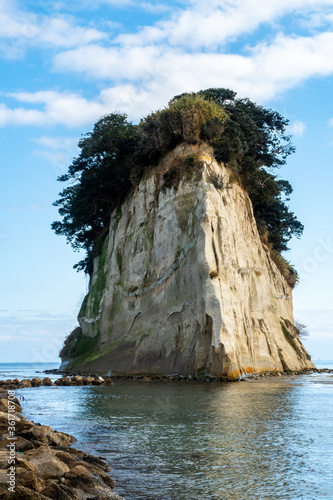 Mitsukejima diamond shaped island with plants and trees on top of the rock on Noto Peninsula, Japan, portrait view.