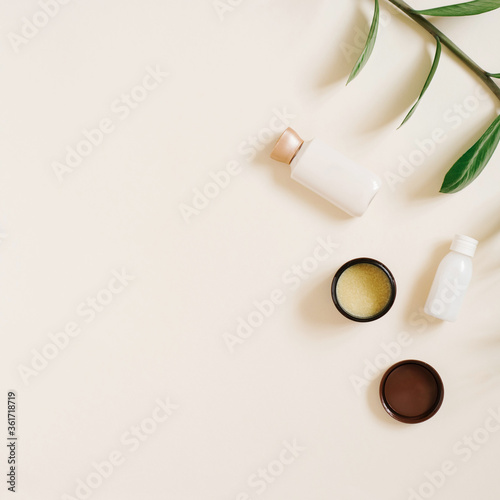 Organic cosmetics with a green branch of zamiokulkas and bottles of creams, a jar of cocoa butter on a beige background with a copy of the space, a top view and a flat sunbed