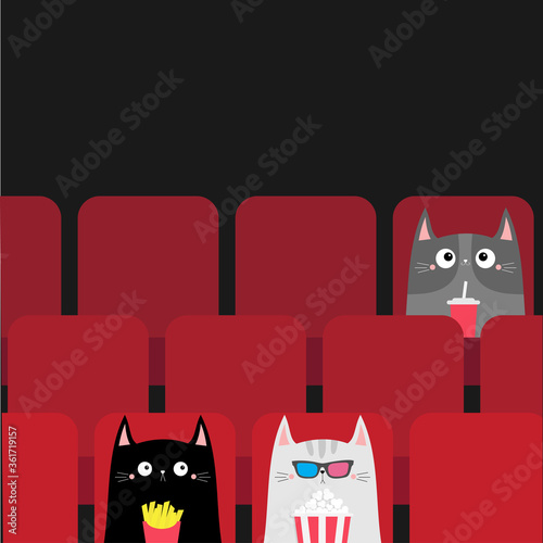Cat set in movie theater eating popcorn, french fries, soda. Cute cartoon character. Film show Cinema. Viewer kitten watching movie in 3D glasses. Red seats hall. Dark background. Flat design