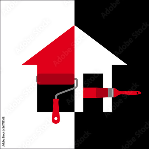 Logo pour une entreprise de peinture composé d’une maison, d’un pinceau et d’un rouleau à peinture.
