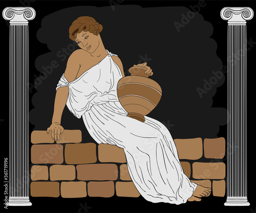 A young ancient Greek woman sits on a stone parapet and holds a jug of wine in her hand.