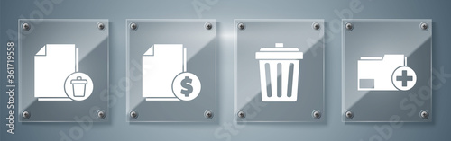 Set Add new folder, Trash can, Finance document and Delete file document. Square glass panels. Vector