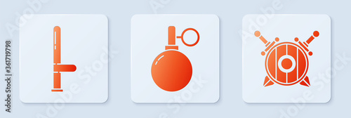 Set Hand grenade, Police rubber baton and Wooden shield with crossed swords. White square button. Vector