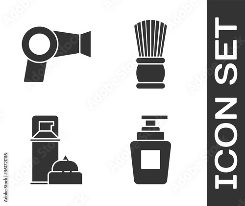Set Bottle of shampoo, Hair dryer, Shaving gel foam and Shaving brush icon. Vector