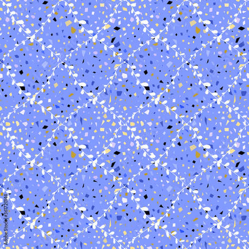 Terrazzo Seamless pattern abstract texture, traditional geometric flooring material, chips of marble granite. pastel colors on blue background Can be used for Gift wrap, fabrics, wallpapers. Vector