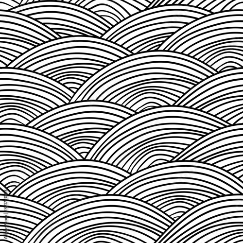 Seigaiha literally means wave of the sea. seamless pattern abstract doodle lines scales simple Nature background japanese circle Black white. Can be used for Gift wrap  fabrics  wallpapers. Vector