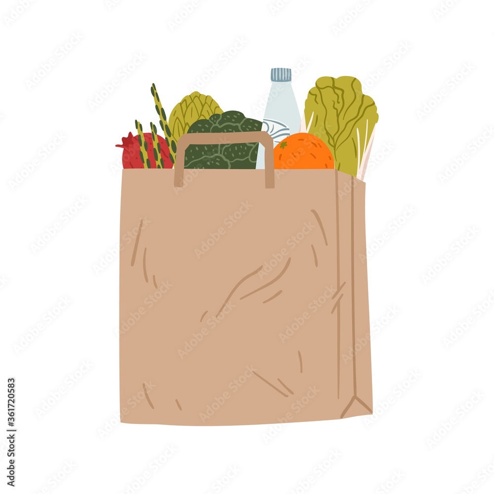 Naklejka Brown paper pack with healthy groceries vector flat illustration. Eco friendly package with handle for purchases isolated on white. Packet full of different tasty food - vegetables, fruit and bottle