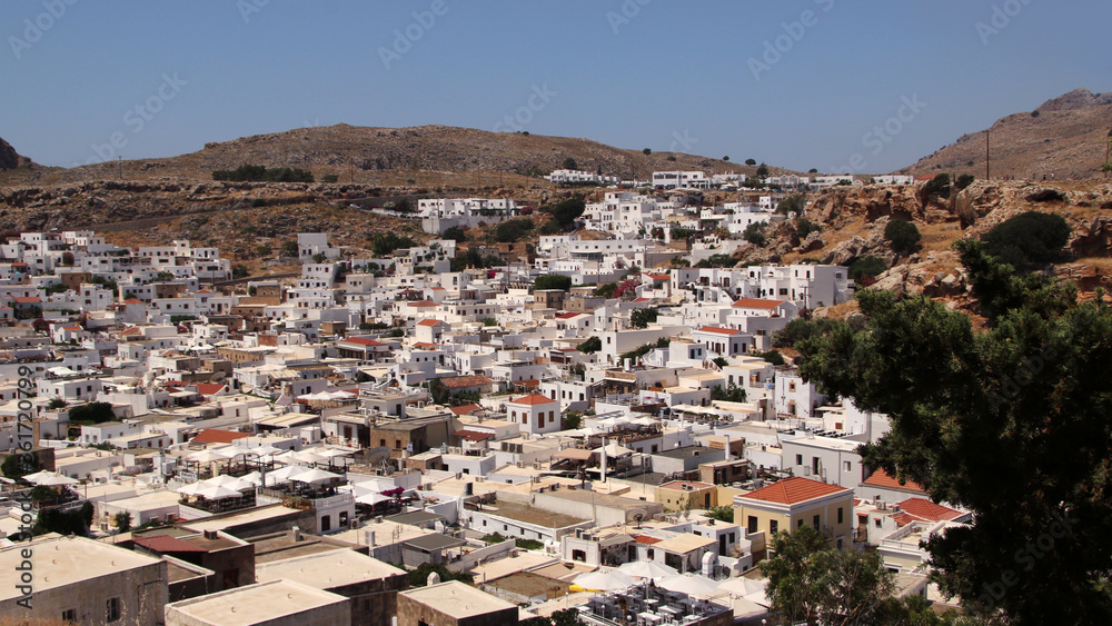 Lindos village view from the Acropolis Hill, Rhodes island, Greece