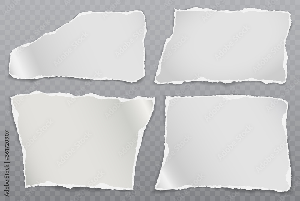 Torn of white note, notebook paper strips and pieces stuck on squared background. Vector illustration