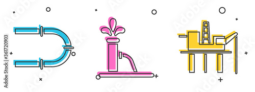 Set Industry pipe, Oil pump or pump jack and Oil platform in the sea icon. Vector