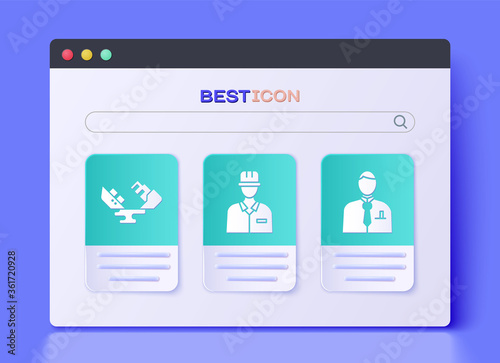 Set Oilman, Wrecked oil tanker ship and Businessman or stock market trader icon. Vector