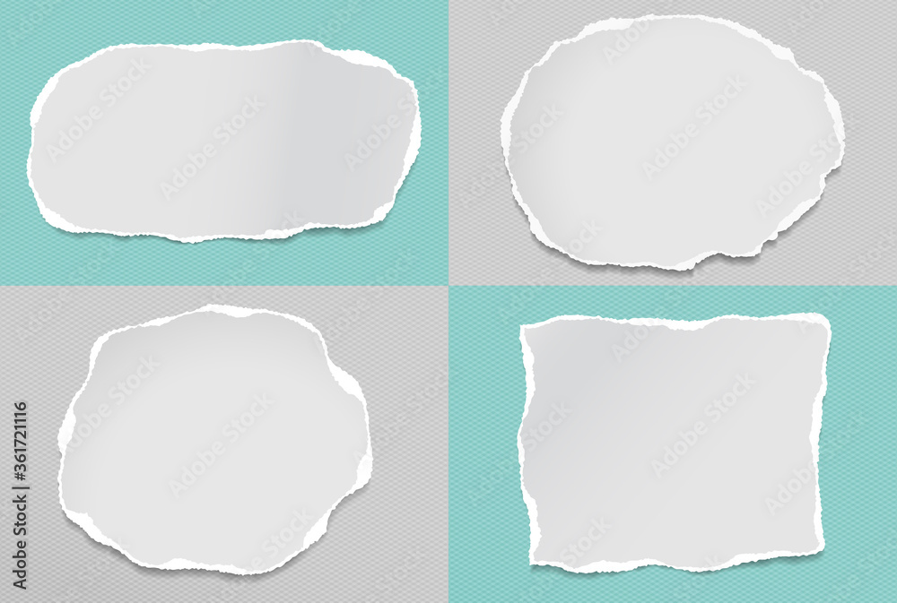 Set of torn white note, notebook paper strips and pieces stuck on grey, turquoise backgrounds. Vector illustration