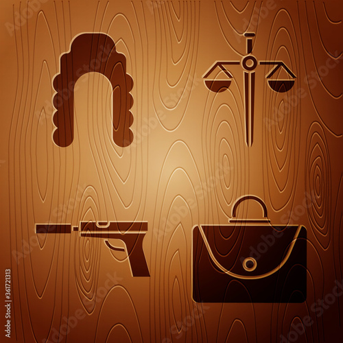 Set Briefcase, Judge wig, Pistol or gun with silencer and Scales of justice on wooden background. Vector