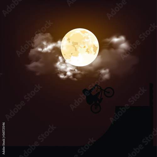 Silhouetted BMX rider performing stunts set against a stunning full moon sky background